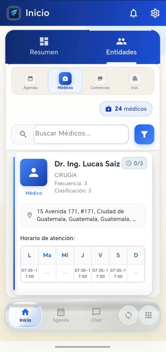 Listado de médicos con especialidad, frecuencia, dirección y horario de atención