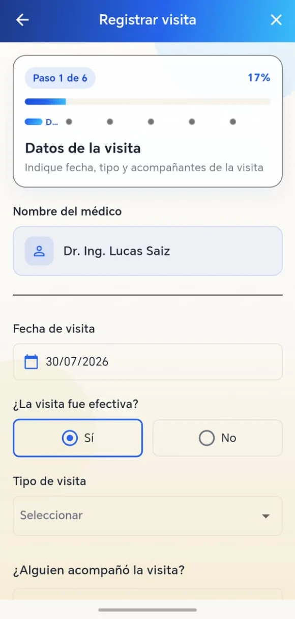 Formulario guiado para registrar una visita médica paso a paso